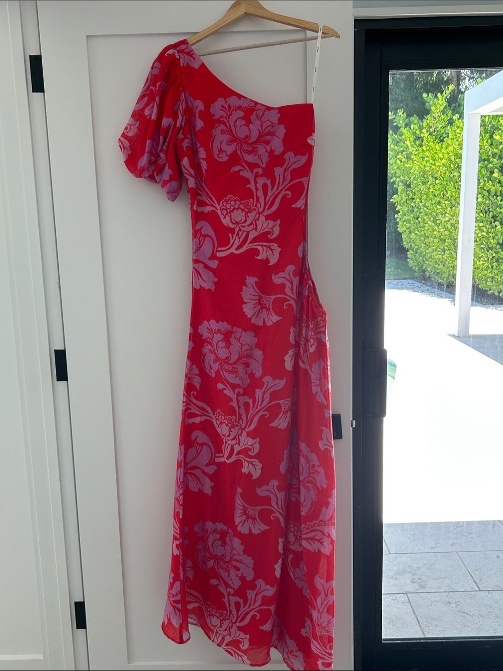 Kivari One-Shoulder Red Dress with Pink Floral. NWT